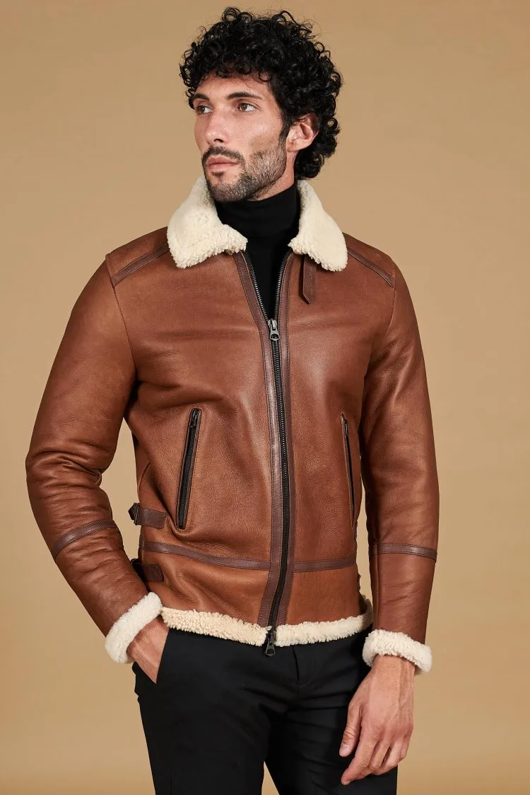 Image of Montone cuoio shearling biker uomo collo camicia con fibbia