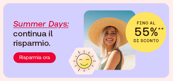 Donna bionda sorridente con cappello di paglia sotto il sole, accanto al testo “Risparmi pensati per te” e badge giallo con la scritta “Fino al 55% di sconto”. Pulsante rosso con la scritta “Scopri ora” e icona stilizzata di un sole sorridente
