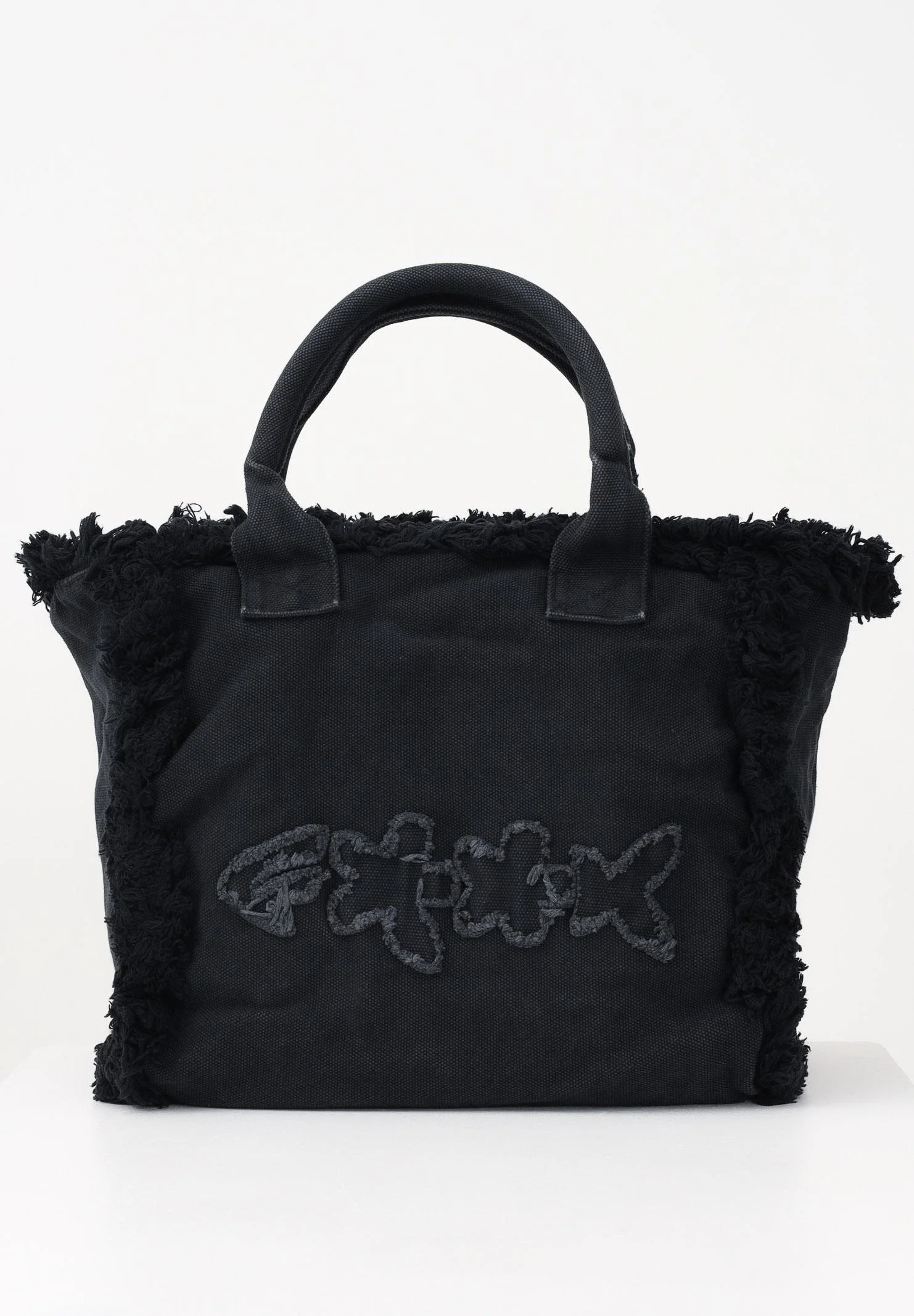 Image of F**K Borsa mare nera da donna con bordi sfrangiati e logo