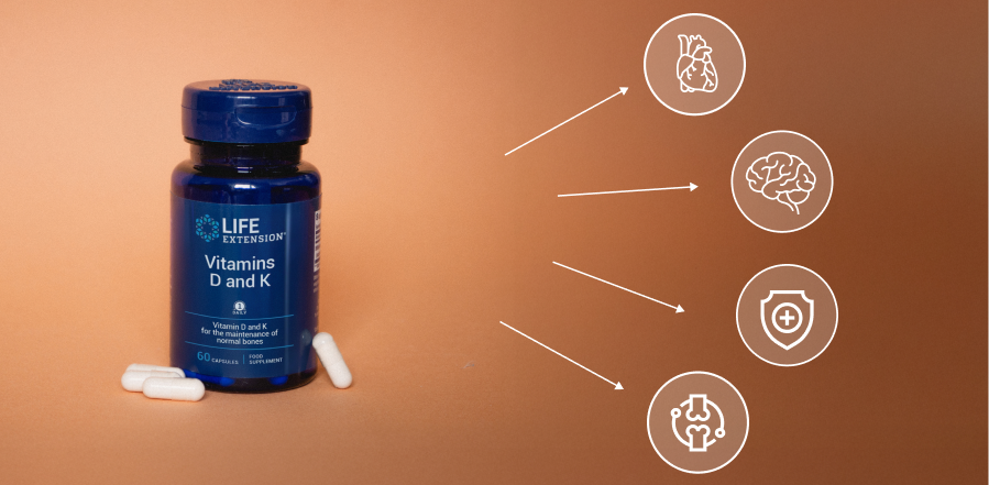 alt="Flacone blu scuro di Life Extension Vitamins D and K con capsule bianche su sfondo arancione, collegato con frecce a quattro icone bianche che rappresentano cuore, cervello, sistema immunitario e ossa."