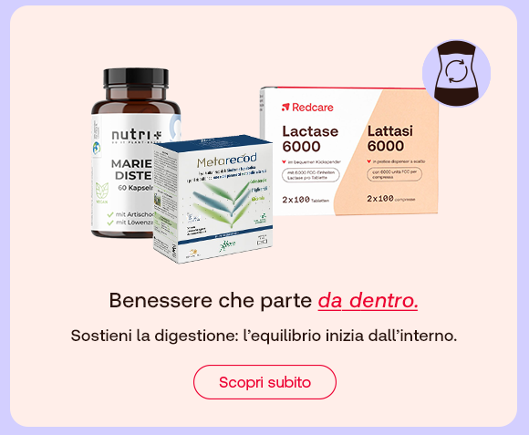 Tre prodotti per il benessere digestivo: integratore Nutri+ Marie Distel, integratore Metarecod per la salute intestinale, e Redcare Lattasi 6000 per la digestione del lattosio. Sfondo chiaro con icona intestinale. Testo: 'Benessere che parte da dentro'. Pulsante 'Scopri subito'.