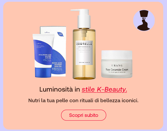 Tre prodotti skincare in stile coreano: gel, olio detergente, crema viso. Testo: Luminosità in stile K-Beauty. Pulsante: Scopri subito.