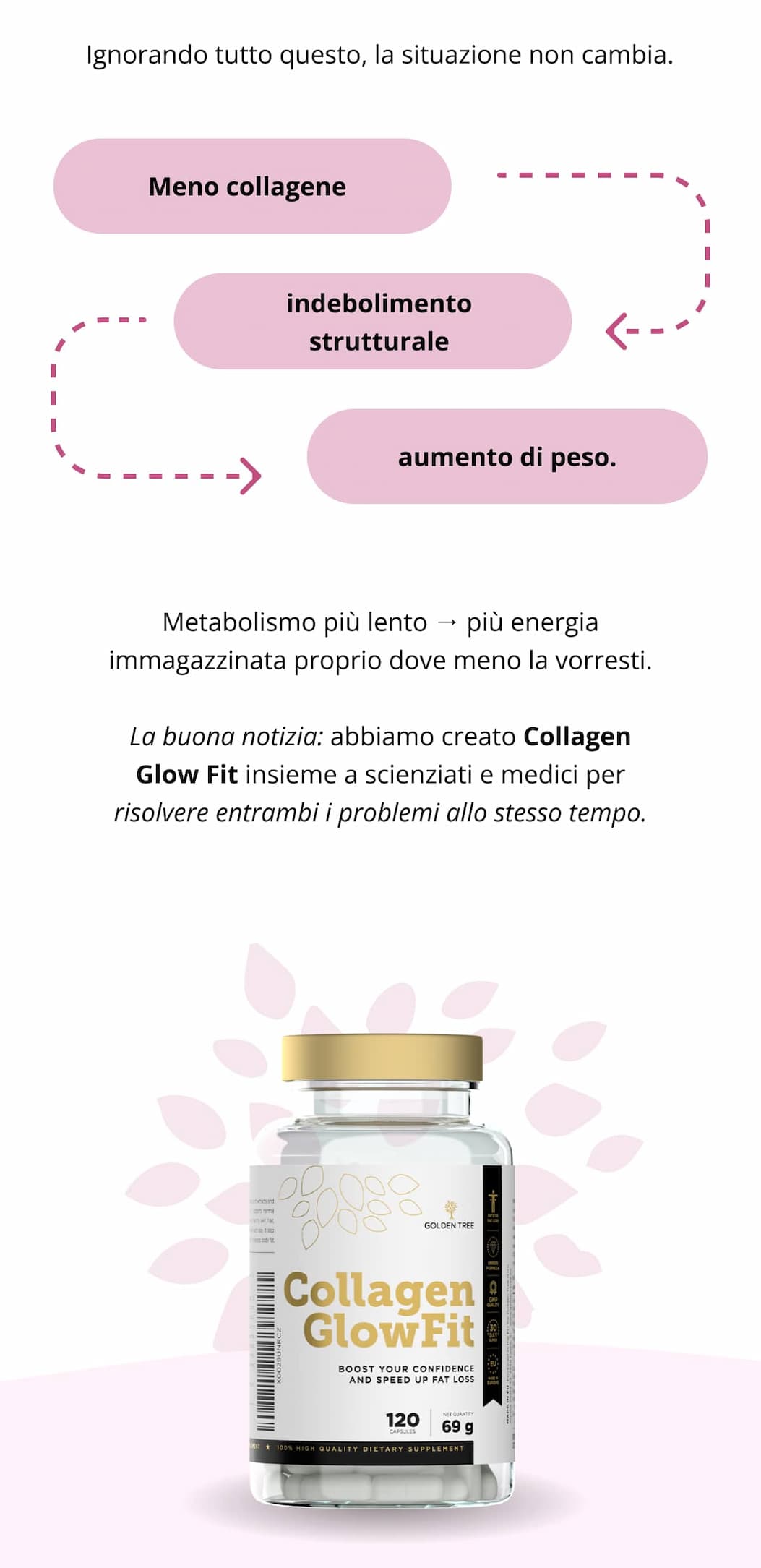 Ignorando tutto questo, la situazione non cambia. Meno collagene → indebolimento strutturale → aumento di peso.  Metabolismo più lento → più energia immagazzinata proprio dove meno la vorresti. La buona notizia: abbiamo creato Collagen Glow Fit insieme a scienziati e medici per risolvere entrambi i problemi allo stesso tempo.
