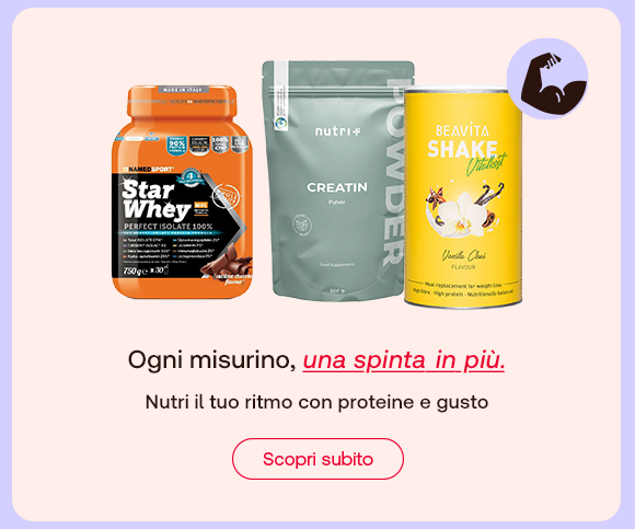 Tre prodotti: proteine Star Whey, Creatina Nutri+, shake BeaVita. Testo: Ogni misurino, una spinta in più. Pulsante: Scopri subito.
