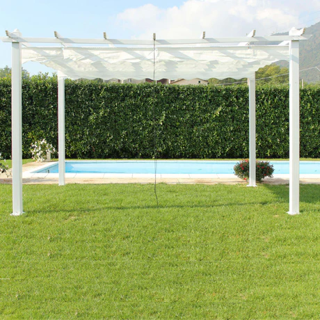 Pergola 3x3 da Giardino Esterno con Telo in Poliestere 180 g/mq Scorrevole 300x300 Bianco