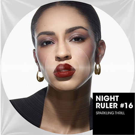 Close-up of a woman with red lipstick and dramatic eye makeup, wearing gold hoop earrings, with a metallic and translucent circular overlay and text 'NIGHT RULER #16 SPARKLING THRILL'.