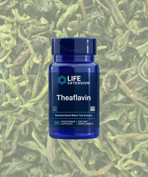 alt="Flacone di integratore Theaflavin di Life Extension, estratto standardizzato di tè nero, su uno sfondo di foglie di tè sfuse." 