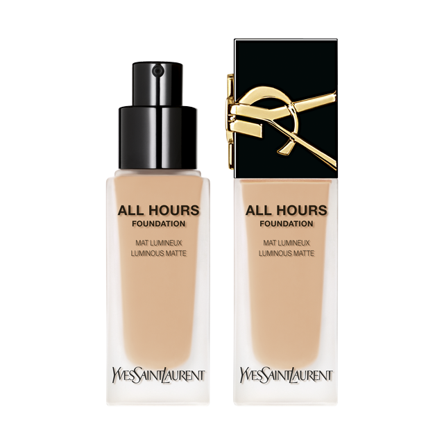 Due flaconi di fondotinta YSL All Hours Foundation Luminous Matte in diverse tonalità di pelle.