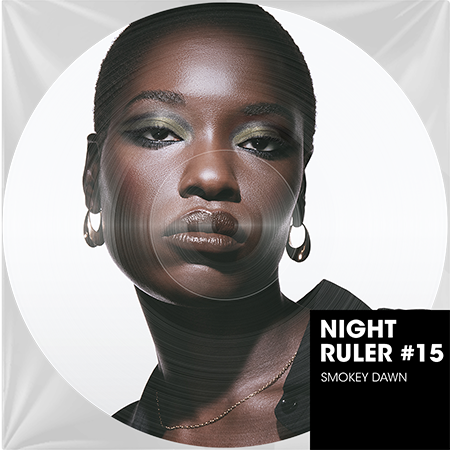 Close-up of a model with dark skin wearing a dramatic smokey eye in green and gold tones, defined eyebrows, glossy lips, and gold hoop earrings, showcasing the YSL Beauté 'Night Ruler #15 Smokey Dawn' look.