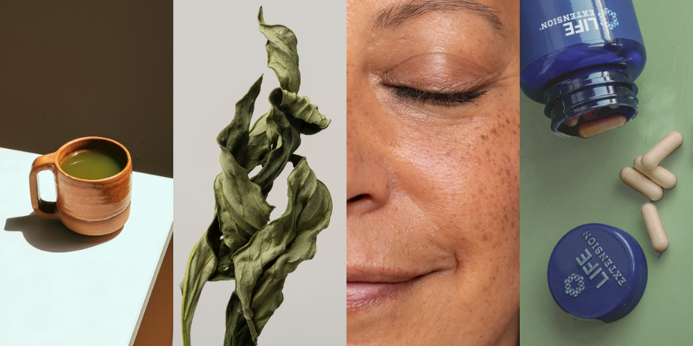 alt="Immagine in quattro pannelli: una tazza di terracotta con tè verde su una superficie bianca illuminata dal sole; foglie di tè verde essiccate in posizione verticale; primo piano del viso sorridente di una donna con occhi chiusi e lentiggini; un flacone di integratore Life Extension sdraiato su uno sfondo verde con capsule beige sparse."
