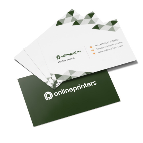 Biglietti da visita standard di Onlineprinters con nome Maxime Placeat, contatti e logo su sfondo bianco e verde