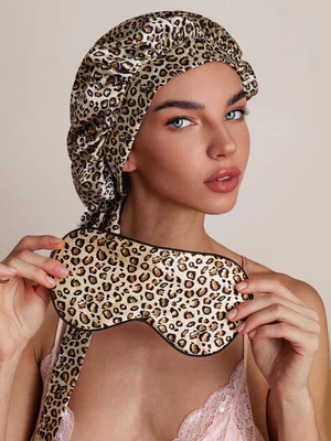 Image of Pura Seta Motivo Leopardato Cuffia + Maschera per Occhi Set