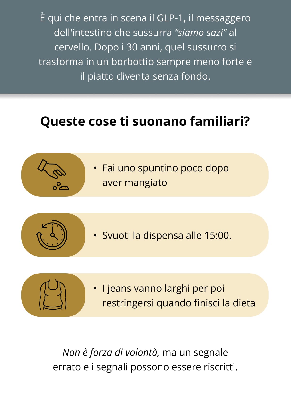 È qui che entra in scena il GLP-1, il messaggero dell'intestino che sussurra “siamo sazi” al cervello. Dopo i 30 anni, quel sussurro si trasforma in un borbottio sempre meno forte e il piatto diventa senza fondo. Queste cose ti suonano familiari? Fai uno spuntino poco dopo aver mangiato   Svuoti la dispensa alle 15:00.   I jeans vanno larghi per poi restringersi quando finisci la dieta Non è forza di volontà, ma un segnale errato e i segnali possono essere riscritti.