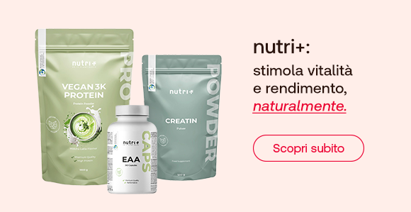Immagine di tre integratori nutri+: Vegan 3K Protein, Creatina in polvere e capsule EAA. Testo: “nutri+: stimola vitalità e rendimento, naturalmente.” Pulsante rosso: “Scopri subito”.