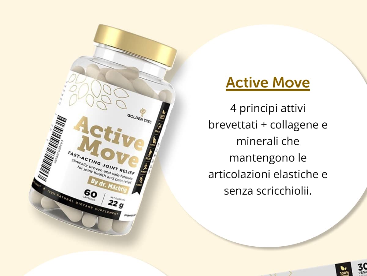 Active Move 4 principi attivi brevettati + collagene e minerali che mantengono le articolazioni elastiche e senza scricchiolii.