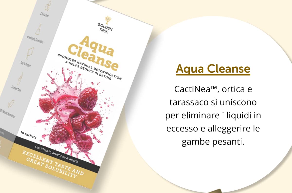 Aqua Cleanse  CactiNea™, ortica e tarassaco si uniscono per eliminare i liquidi in eccesso e alleggerire le gambe pesanti. 