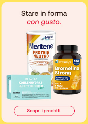 Integratori per lo sport Meriten, Bromelina Strong e BeaVita. Testo stare in forma con gusto. Pulsante rosso scopri i prodotti.