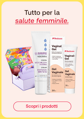 Prodotti intimi Redcare e Lubripiu con scritta tutto per la salute femminile. Immagine di confezione regalo colorata.