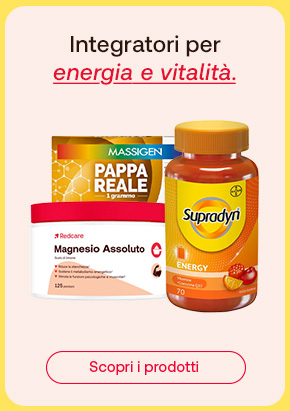 Integratori Pappa Reale, Supradyn e Magnesio Assoluto con scritta energia e vitalità. Pulsante rosso scopri i prodotti.