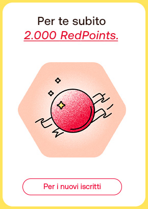Icona di una sfera rossa brillante su sfondo rosa. Testo per te subito 2.000 RedPoints. Pulsante per i nuovi iscritti.