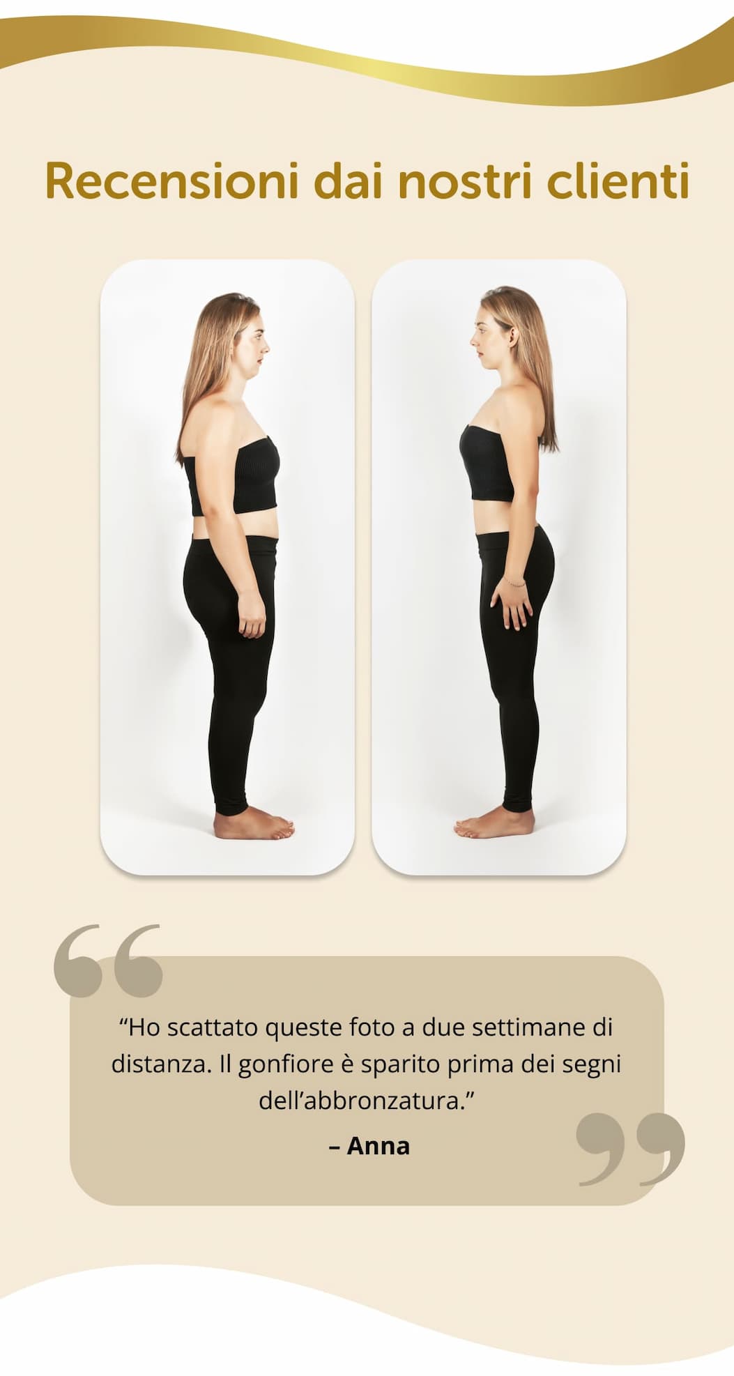 Recensioni dai nostri clienti “Ho scattato queste foto a due settimane di distanza. Il gonfiore è sparito prima dei segni dell’abbronzatura.”  – Anna