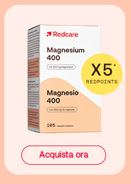 Confezione di integratore Redcare Magnesium 400, 105 capsule, su sfondo pesca. Bollino giallo con la scritta “X5* RedPoints”. Sotto, pulsante rosso con la scritta “Acquista ora”.