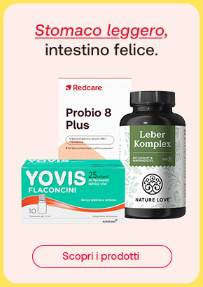 Integratori intestinali Yovis, Probio 8 Plus, Leber Komplex su sfondo chiaro. Testo stomaco leggero, intestino felice.