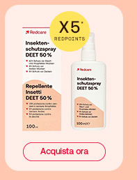 Spray repellente insetti Redcare DEET 50% da 100 ml con confezione e flacone visibili su sfondo pesca. Bollino giallo con la scritta “X5* RedPoints”. Sotto, pulsante rosso con la scritta “Acquista ora”.