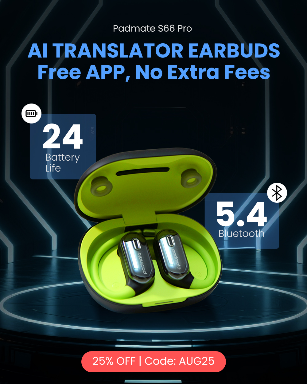 Padmate S66 OWS Open-ear Bluetooth Translation Headphones with Neckband