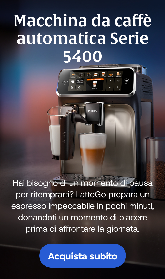 Macchina da caffè automatica Serie 5400, Hai bisogno di un momento di pausa per ritemprarti? LatteGo prepara un espresso impeccabile in pochi minuti, donandoti un momento di piacere prima di affrontare la giornata. Acquista subito