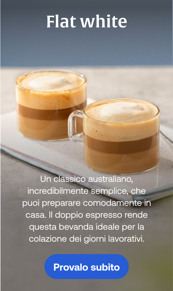 Flat White, Un classico australiano, incredibilmente semplice, che puoi preparare comodamente in casa. Il doppio espresso rende questa bevanda ideale per la colazione dei giorni lavorativi.​, Provalo subito