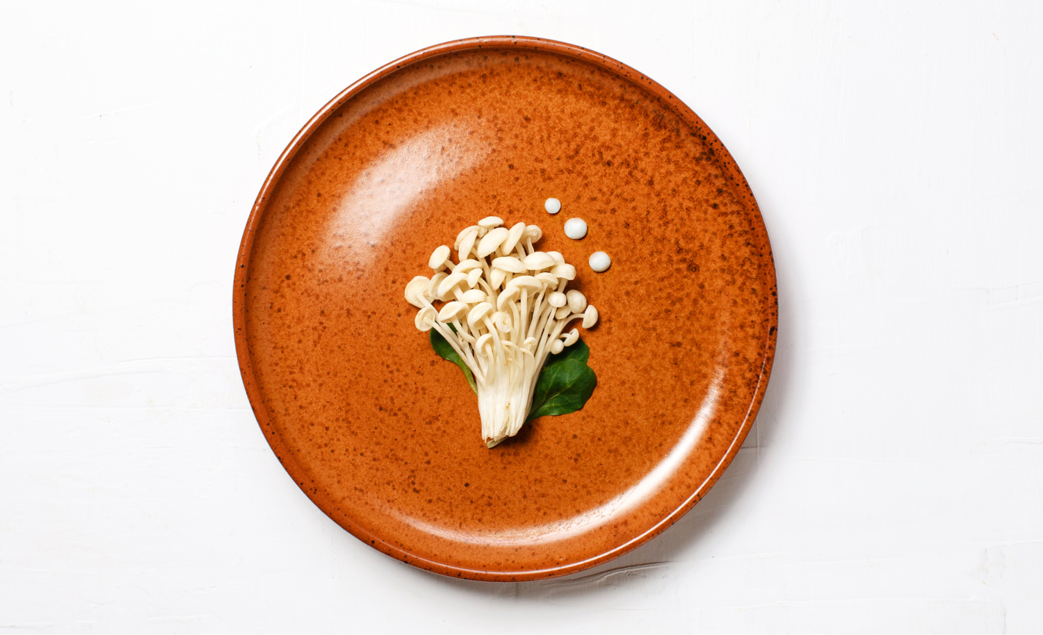alt="Grappolo di funghi bianchi con foglie verdi, disposti su un grande piatto arancione maculato su sfondo bianco.»