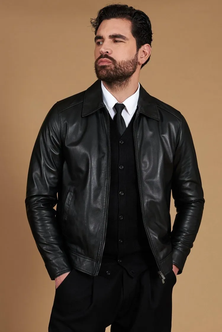 Image of Giacca in pelle nera nappa effetto liscio collo camicia