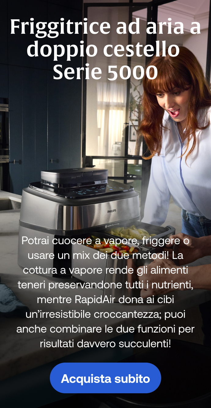 Friggitrice ad aria a doppio cestello Serie 5000, Potrai cuocere a vapore, friggere o usare un mix dei due metodi! La cottura a vapore rende gli alimenti teneri preservandone tutti i nutrienti, mentre RapidAir dona ai cibi un’irresistibile croccantezza; puoi anche combinare le due funzioni per risultati davvero succulenti! Acquista subito
