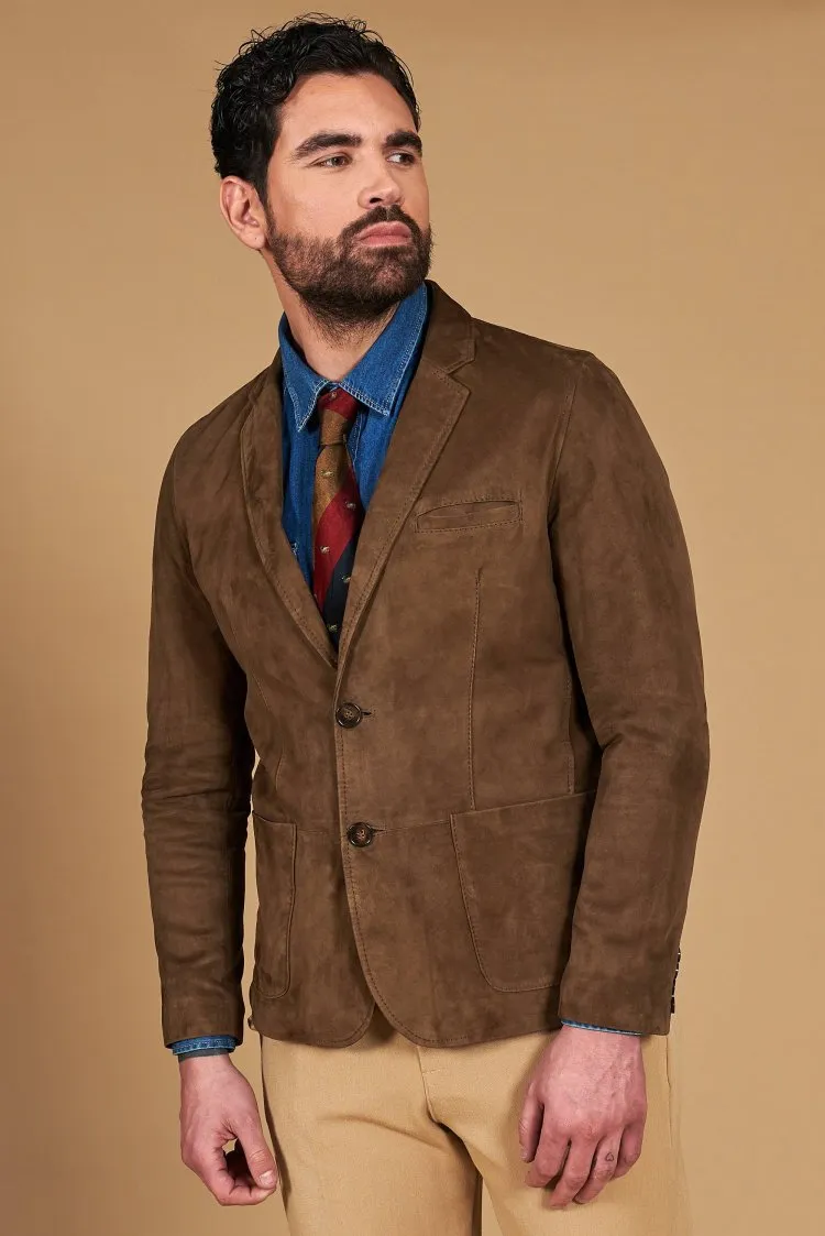 Image of Blazer in pelle scamosciata color fango con due bottoni