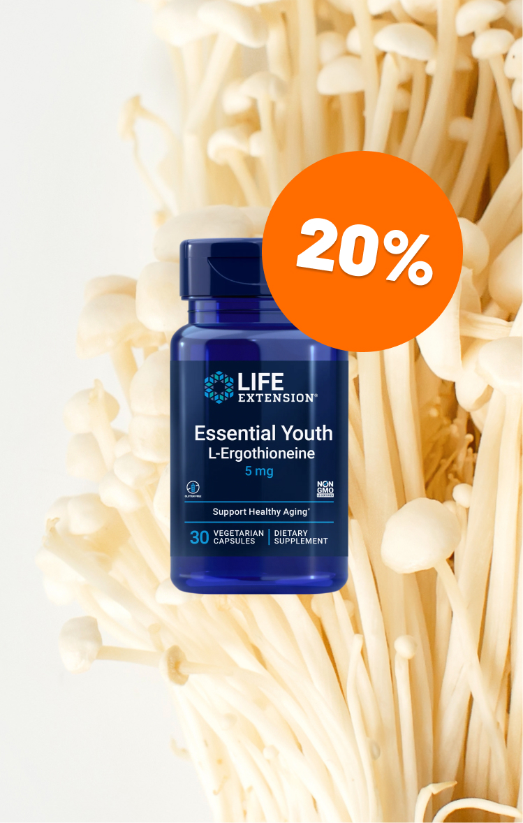 alt="Bottle of Life Extension Essential Youth L-Ergothioneine integratore da 5 mg con etichetta scontata del 20%, posta davanti a uno sfondo ravvicinato di funghi bianchi.»