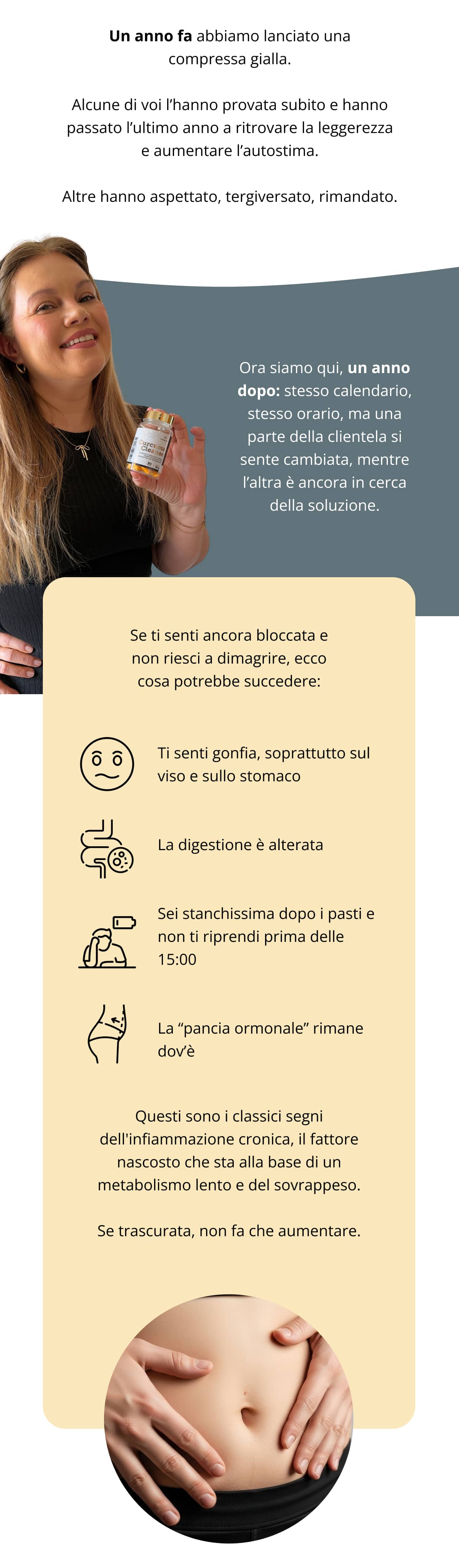 Un anno fa abbiamo lanciato una compressa gialla. Alcune di voi l’hanno provata subito e hanno passato l’ultimo anno a ritrovare la leggerezza e aumentare l’autostima. Altre hanno aspettato, tergiversato, rimandato. Ora siamo qui, un anno dopo: stesso calendario, stesso orario, ma una parte della clientela si sente cambiata, mentre l’altra è ancora in cerca della soluzione. Se ti senti ancora bloccata e non riesci a dimagrire, ecco cosa potrebbe succedere: Ti senti gonfia, soprattutto sul viso e sullo stomaco La digestione è alterata Sei stanchissima dopo i pasti e non ti riprendi prima delle 15:00 La “pancia ormonale” rimane dov’è Questi sono i classici segni dell'infiammazione cronica, il fattore nascosto che sta alla base di un metabolismo lento e del sovrappeso. Se trascurata, non fa che aumentare.