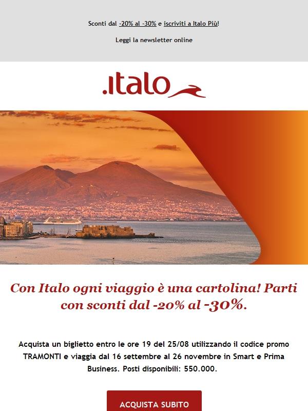 Con Italo ogni viaggio è una cartolina! Parti con sconti dal -20% al -30%.