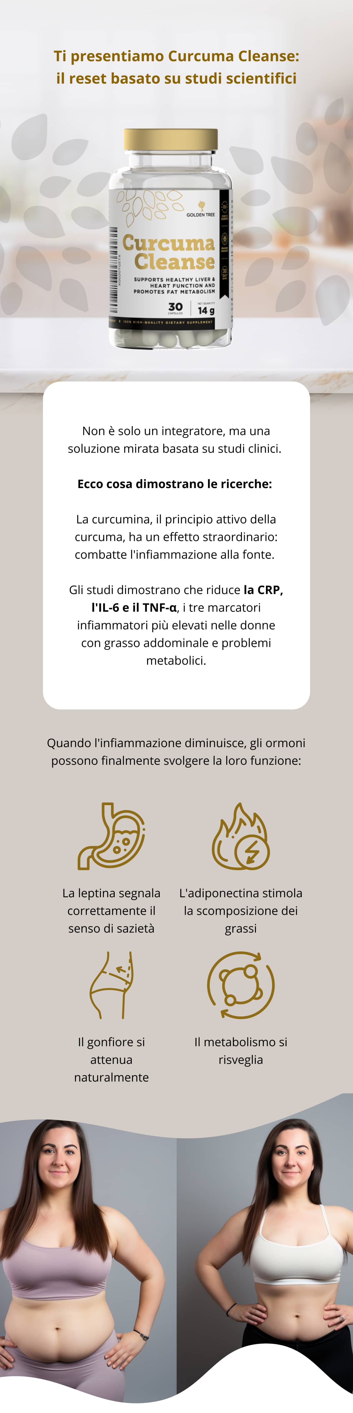 Ti presentiamo Curcuma Cleanse: il reset basato su studi scientifici Non è solo un integratore, ma una soluzione mirata basata su studi clinici. Ecco cosa dimostrano le ricerche: La curcumina, il principio attivo della curcuma, ha un effetto straordinario: combatte l'infiammazione alla fonte. Gli studi dimostrano che riduce la CRP, l'IL-6 e il TNF-α, i tre marcatori infiammatori più elevati nelle donne con grasso addominale e problemi metabolici. Quando l'infiammazione diminuisce, gli ormoni possono finalmente svolgere la loro funzione: La leptina segnala correttamente il senso di sazietà L'adiponectina stimola la scomposizione dei grassi Il gonfiore si attenua naturalmente Il metabolismo si risveglia