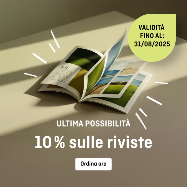 Brochure aperta con foto, testo “Ultima occasione: 10% di sconto sulle brochure”, indicazione “Valido fino al 31/08/2025” e pulsante “Approfitta subito di questa offerta”.