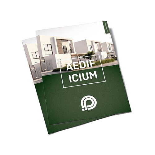 Due brochure intitolate “AEDIFICIUM” e illustrate con immagini di edifici residenziali moderni su sfondo verde con il logo Onlineprinters.