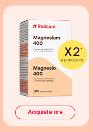 Confezione di integratore Redcare Magnesium 400, 105 capsule, su sfondo pesca. Bollino giallo con la scritta “X5* RedPoints”. Sotto, pulsante rosso con la scritta “Acquista ora”.
