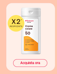 Flacone di crema solare Redcare SPF 50 da 200 ml su sfondo pesca. Bollino giallo con la scritta “X5* RedPoints”. Sotto, pulsante rosso con la scritta “Acquista ora”.