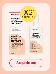 Spray repellente insetti Redcare DEET 50% da 100 ml con confezione e flacone visibili su sfondo pesca. Bollino giallo con la scritta “X5* RedPoints”. Sotto, pulsante rosso con la scritta “Acquista ora”.