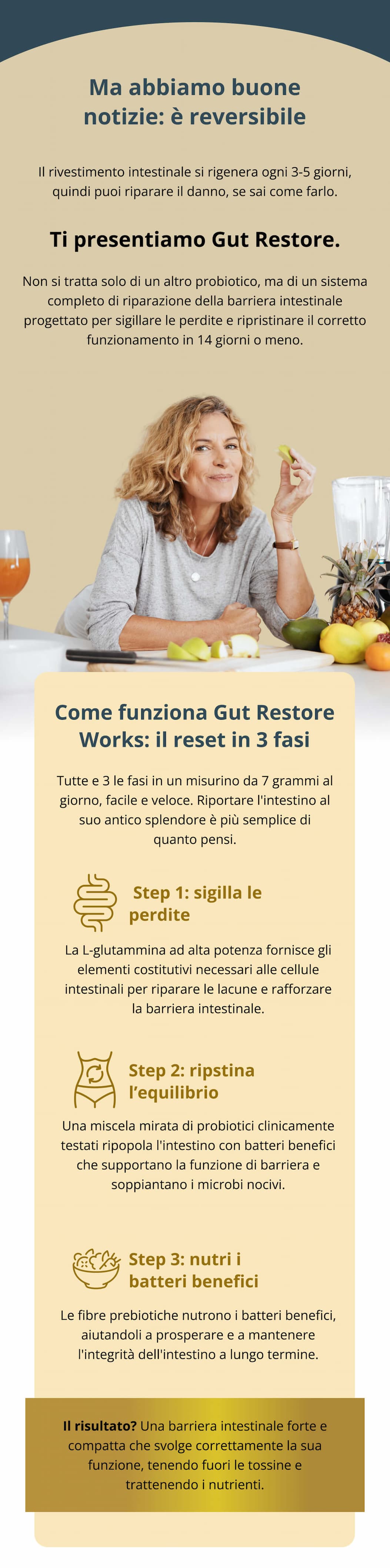 Ma abbiamo buone notizie: è reversibile Il rivestimento intestinale si rigenera ogni 3-5 giorni, quindi puoi riparare il danno, se sai come farlo. Ti presentiamo Gut Restore. Non si tratta solo di un altro probiotico, ma di un sistema completo di riparazione della barriera intestinale progettato per sigillare le perdite e ripristinare il corretto funzionamento in 14 giorni o meno.  Come funziona Gut Restore Works: il reset in 3 fasi  Tutte e 3 le fasi in un misurino da 7 grammi al giorno, facile e veloce. Riportare l'intestino al suo antico splendore è più semplice di quanto pensi.  🔹 Step 1: sigilla le perdite  La L-glutammina ad alta potenza fornisce gli elementi costitutivi necessari alle cellule intestinali per riparare le lacune e rafforzare la barriera intestinale. 🔹 Step 2: ripstina l’equilibrio Una miscela mirata di probiotici clinicamente testati ripopola l'intestino con batteri benefici che supportano la funzione di barriera e soppiantano i microbi nocivi. 🔹 Step 3: nutri i batteri benefici Le fibre prebiotiche nutrono i batteri benefici, aiutandoli a prosperare e a mantenere l'integrità dell'intestino a lungo termine. Il risultato? Una barriera intestinale forte e compatta che svolge correttamente la sua funzione, tenendo fuori le tossine e trattenendo i nutrienti. 