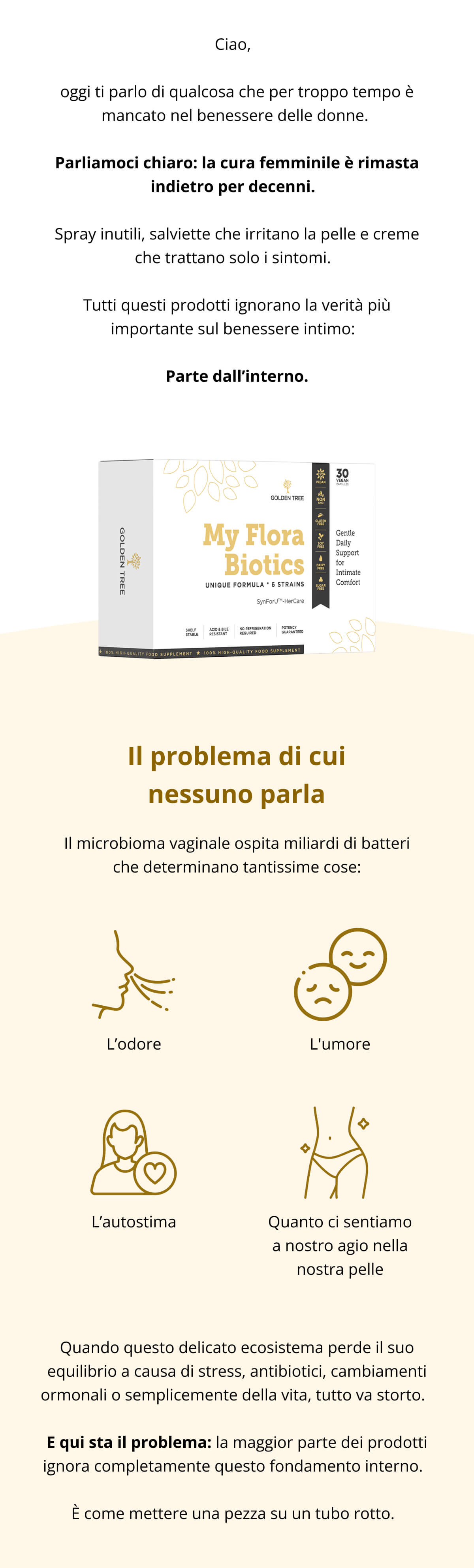 Ciao,  oggi ti parlo di qualcosa che per troppo tempo è mancato nel benessere delle donne. Parliamoci chiaro: la cura femminile è rimasta indietro per decenni.  Spray inutili, salviette che irritano la pelle e creme che trattano solo i sintomi.  Tutti questi prodotti ignorano la verità più importante sul benessere intimo:  Parte dall’interno.   Il problema di cui nessuno parla Il microbioma vaginale ospita miliardi di batteri che determinano tantissime cose:  L’odore L’umore L’autostima  Quanto ci sentiamo a nostro agio nella nostra pelle  Quando questo delicato ecosistema perde il suo equilibrio a causa di stress, antibiotici, cambiamenti ormonali o semplicemente della vita, tutto va storto.  E qui sta il problema: la maggior parte dei prodotti ignora completamente questo fondamento interno.  È come mettere una pezza su un tubo rotto. 