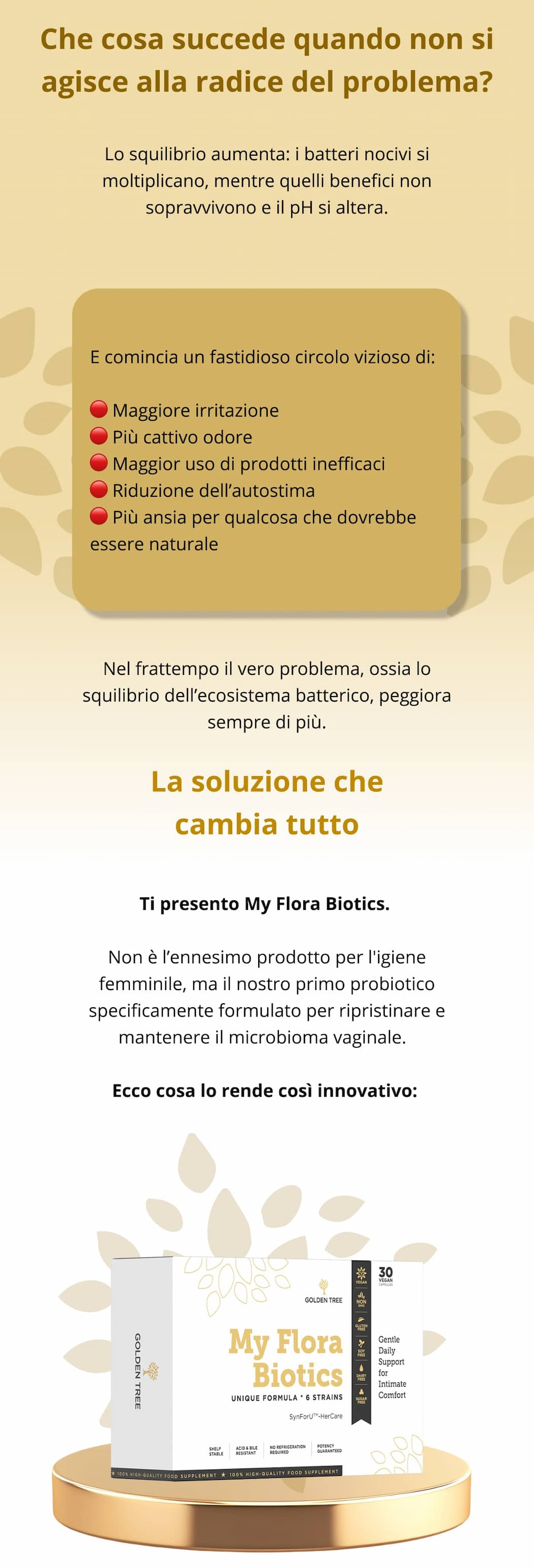 Che cosa succede quando non si agisce alla radice del problema? Lo squilibrio aumenta: i batteri nocivi si moltiplicano, mentre quelli benefici non sopravvivono e il pH si altera.  E comincia un fastidioso circolo vizioso di:  🔴 Maggiore irritazione  🔴 Più cattivo odore  🔴 Maggior uso di prodotti inefficaci  🔴 Riduzione dell’autostima  🔴 Più ansia per qualcosa che dovrebbe essere naturale  Nel frattempo il vero problema, ossia lo squilibrio dell’ecosistema batterico, peggiora sempre di più.   La soluzione che cambia tutto  Ti presento My Flora Biotics. Non è l’ennesimo prodotto per l'igiene femminile, ma il nostro primo probiotico specificamente formulato per ripristinare e mantenere il microbioma vaginale.  Ecco cosa lo rende così innovativo: