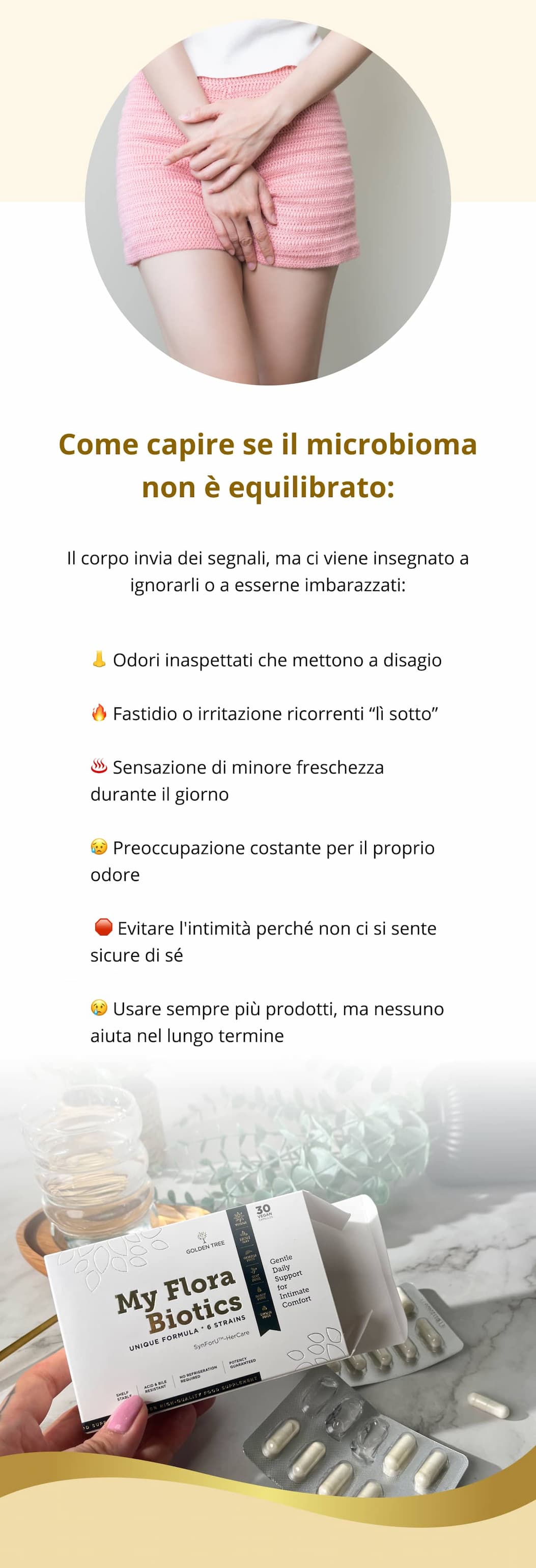 Come capire se il microbioma non è equilibrato: Il corpo invia dei segnali, ma ci viene insegnato a ignorarli o a esserne imbarazzati: 👃 Odori inaspettati che mettono a disagio 🔥 Fastidio o irritazione ricorrenti “lì sotto”  ♨️ Sensazione di minore freschezza durante il giorno 😥 Preoccupazione costante per il proprio odore  🛑 Evitare l'intimità perché non ci si sente sicure di sé 😢 Usare sempre più prodotti, ma nessuno aiuta nel lungo termine