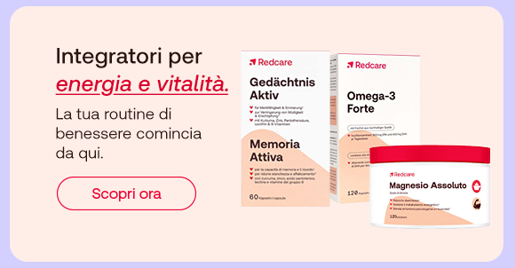 Tre confezioni di integratori Redcare con testo: Integratori per energia e vitalità. Pulsante Scopri ora.
