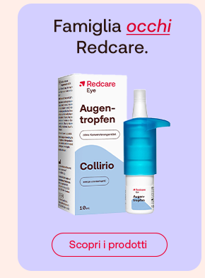 Confezione Redcare di collirio con scritte in tedesco e italiano, su sfondo lilla. Testo: Famiglia occhi Redcare. Pulsante Scopri i prodotti.